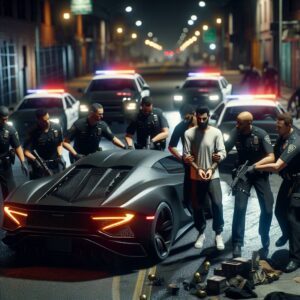 Police handcuffing street racers.