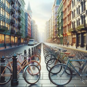 Bicycles on city streets.