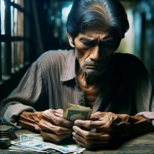 Man counting money sadly