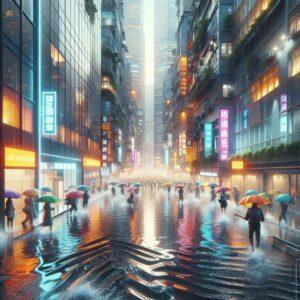 Rain-soaked city streets