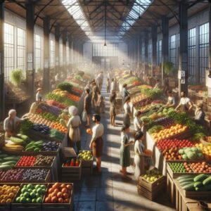 Indoor farmer's market scene