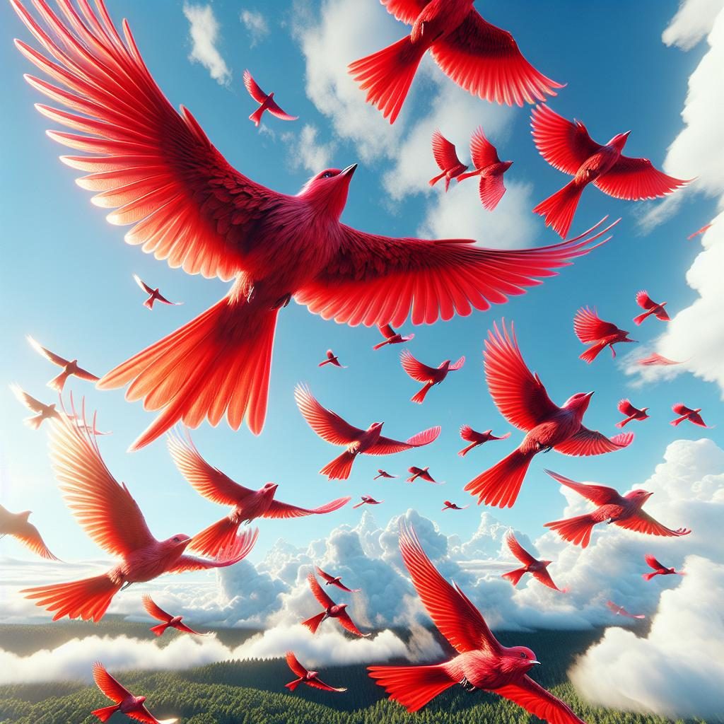 Red birds in flight