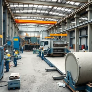 Workers using concrete manufacturing equipment at Afinitas