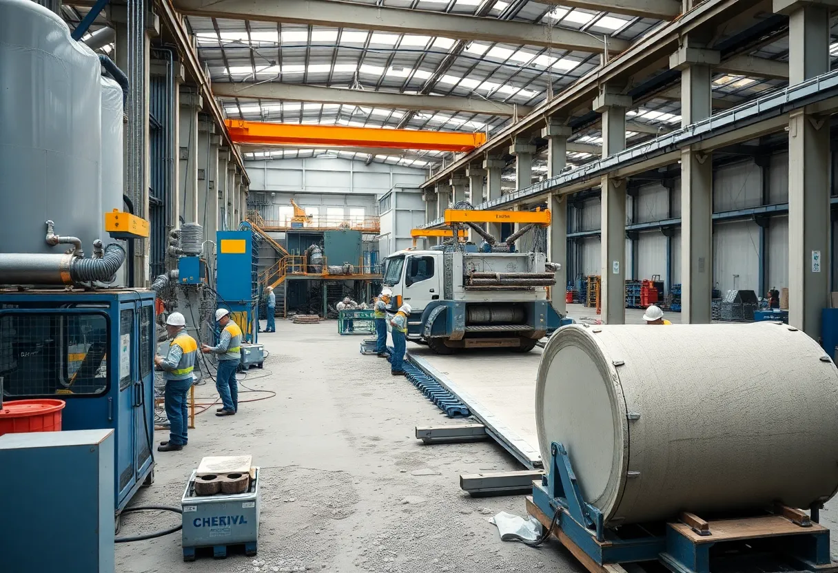 Workers using concrete manufacturing equipment at Afinitas