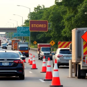 Construction workers on an Atlanta highway with roadwork signs and traffic cones.