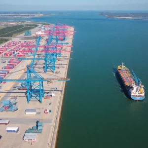 Drone view of Charleston port with cranes and construction activities for terminal expansion