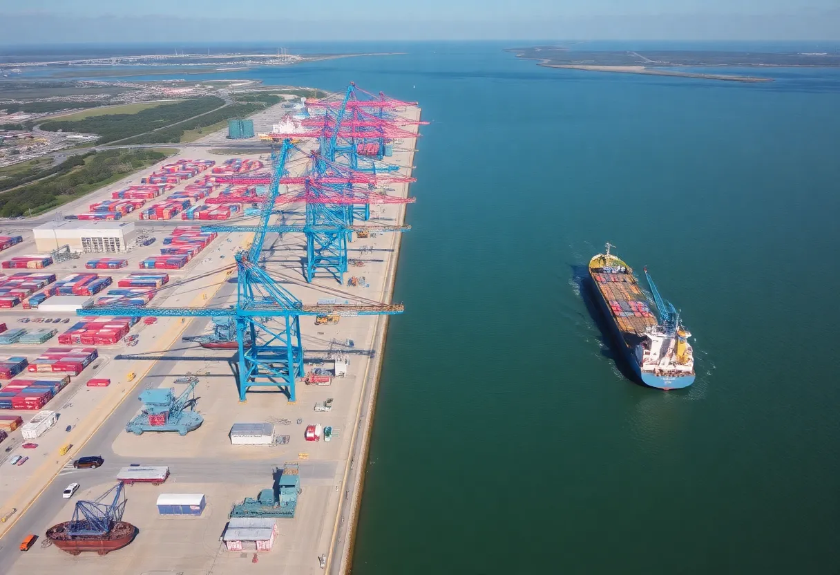 Drone view of Charleston port with cranes and construction activities for terminal expansion