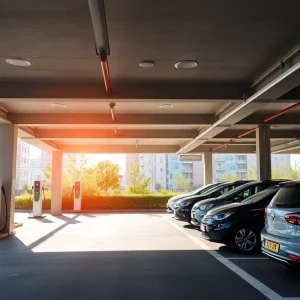 Electric vehicle parking garage featuring charging stations