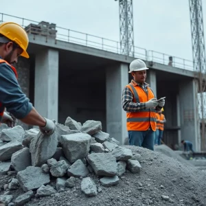 Construction workers pouring Rock-Filled Concrete at a construction site