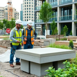 Construction workers implementing lower carbon concrete methods at a site in Washington, D.C.