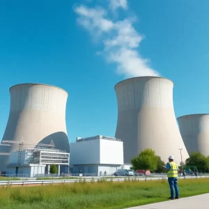 Engineers collaborating at a modern nuclear power plant