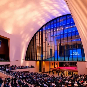 An architectural view of the Perelman Performing Arts Center bustling with visitors