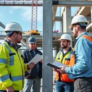 Engineers working on post-installed connections at a construction site