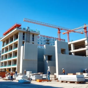 Workers on a precast concrete construction site