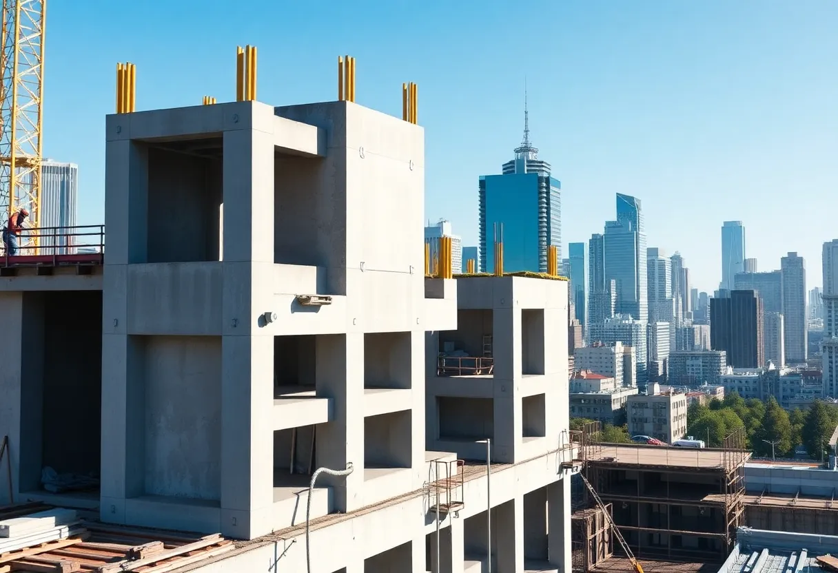 Installation of precast concrete elements on a construction site