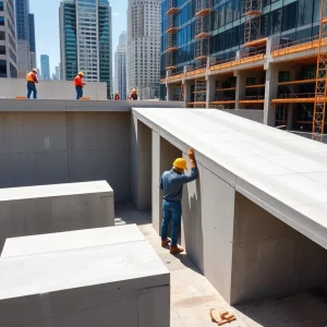 Workers assembling precast concrete elements at a construction site in Chicago.