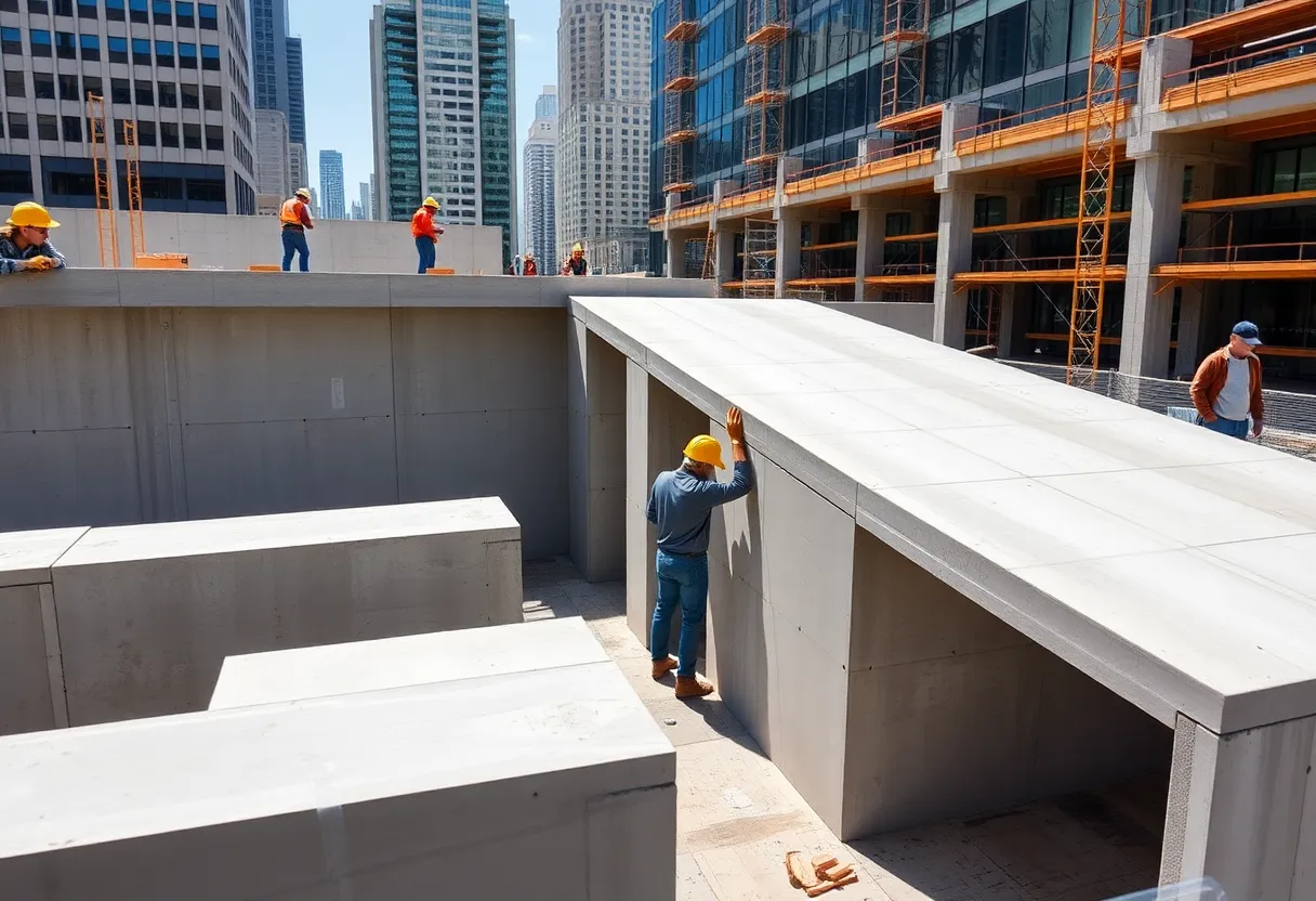 Workers assembling precast concrete elements at a construction site in Chicago.