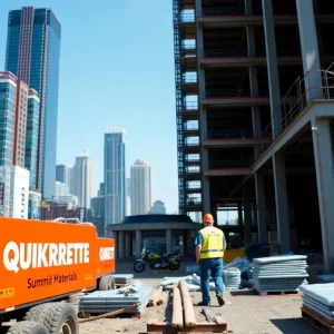 Construction site showcasing Quikrete and Summit Materials branding