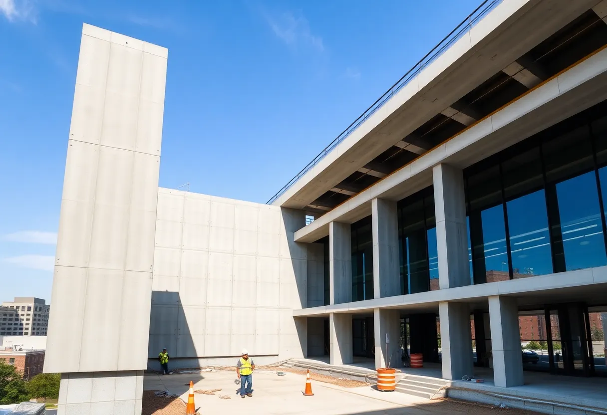 Construction of Raleigh City Hall using precast concrete panels.