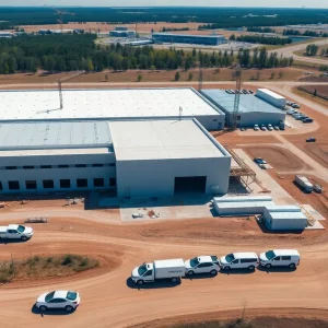 Aerial view of Rivian Electric Vehicle Factory construction in Georgia