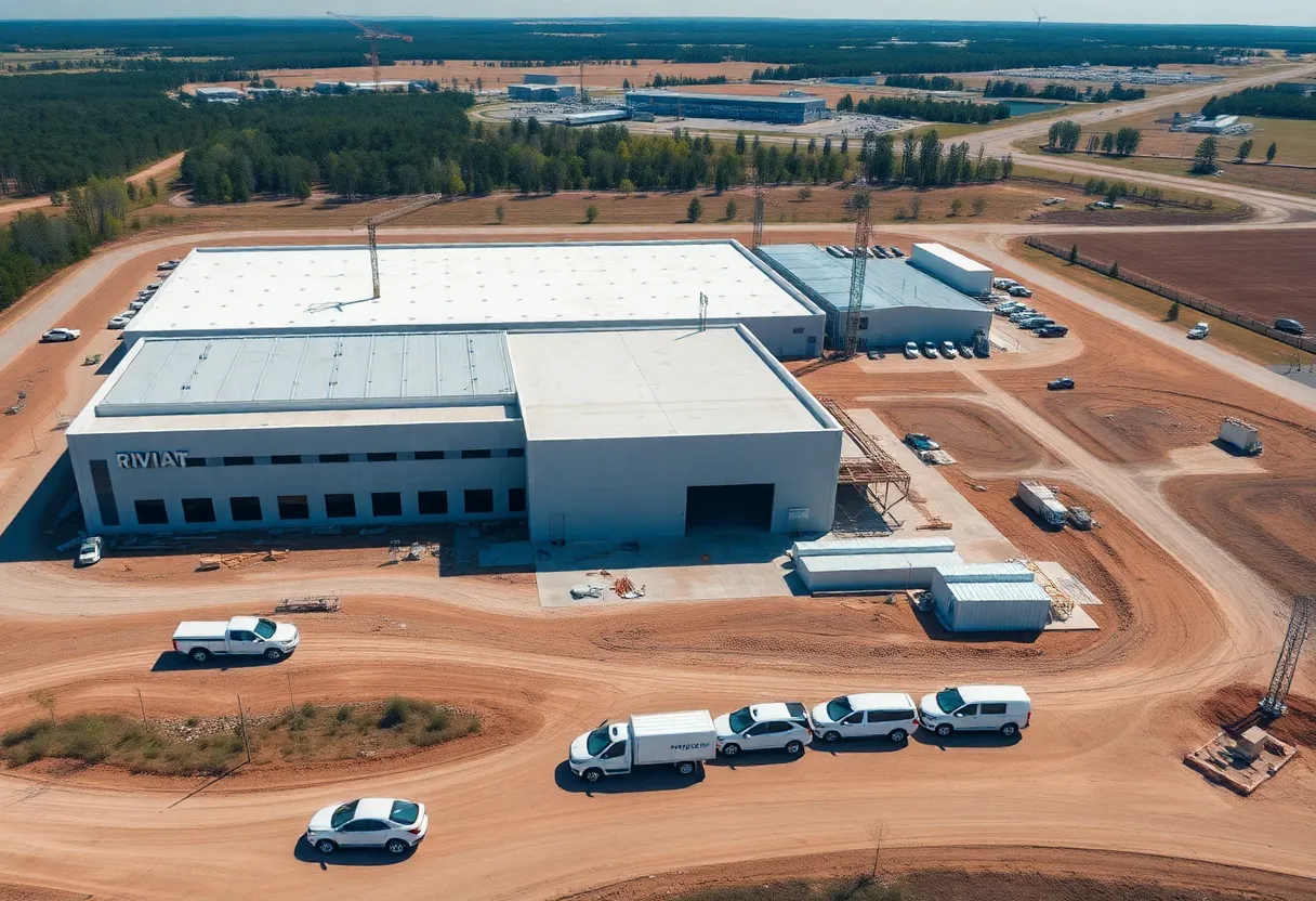 Aerial view of Rivian Electric Vehicle Factory construction in Georgia