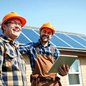 Canadian homeowner installing solar panels on their rooftop with innovative tool.