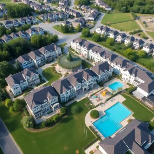 Aerial view of South Pine luxury townhomes in South Fulton, GA.