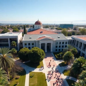 Aerial view of University of California campus during a sunny day with students