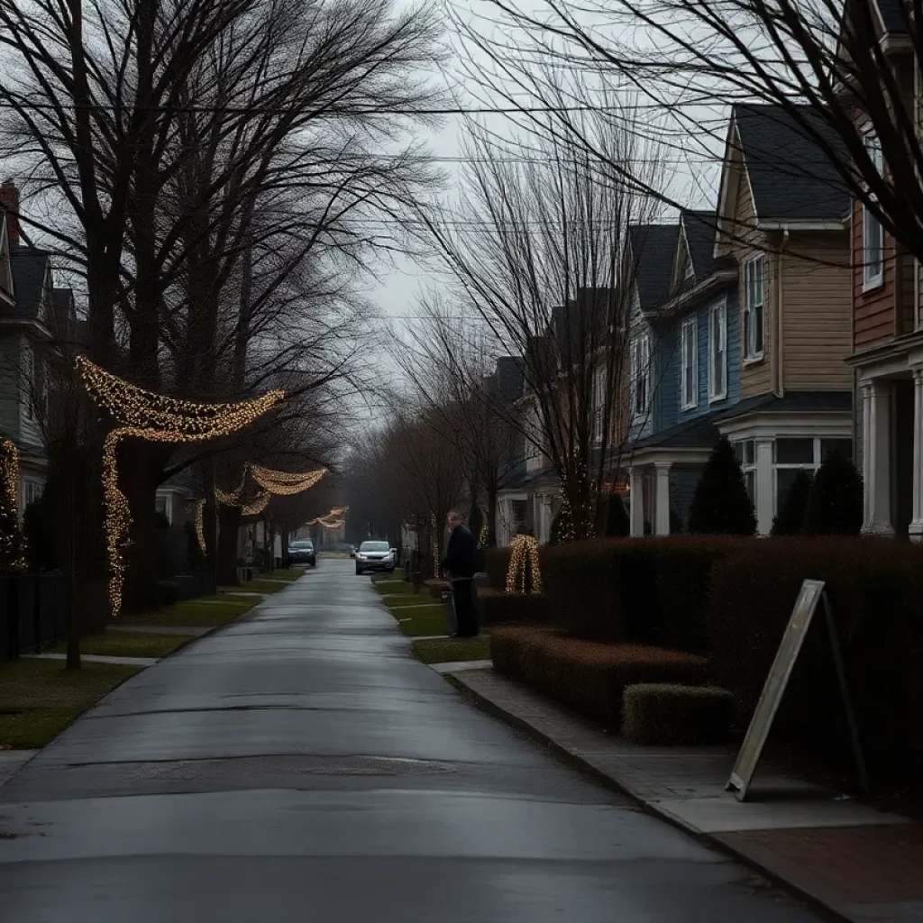 Neighborhood street decorated for Christmas, somber mood