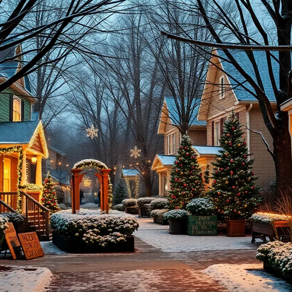 Charming neighborhood in Atlanta decorated for Christmas with snow