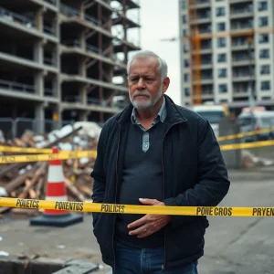 A father grieving at the construction site where his son was shot.