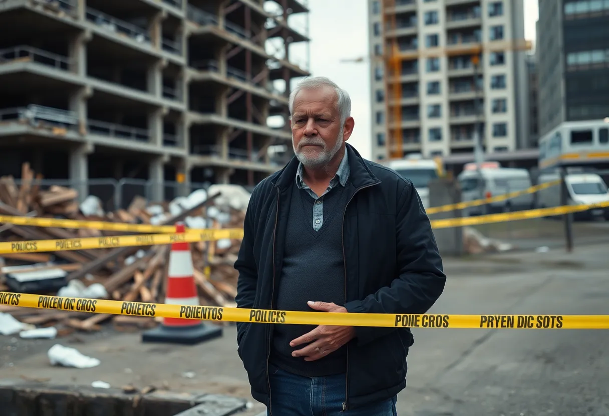 A father grieving at the construction site where his son was shot.