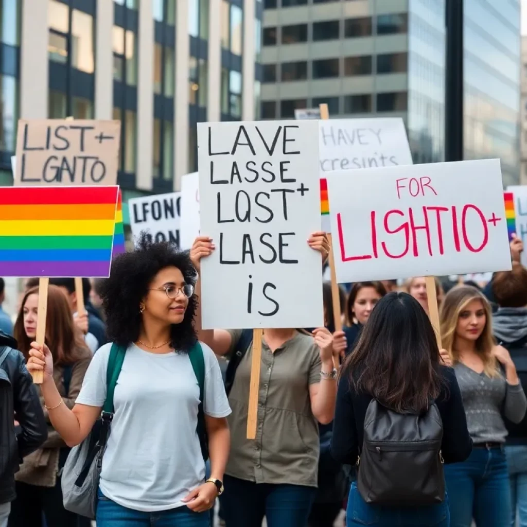 A group of diverse individuals protesting for LGBTQ+ rights in Atlanta.