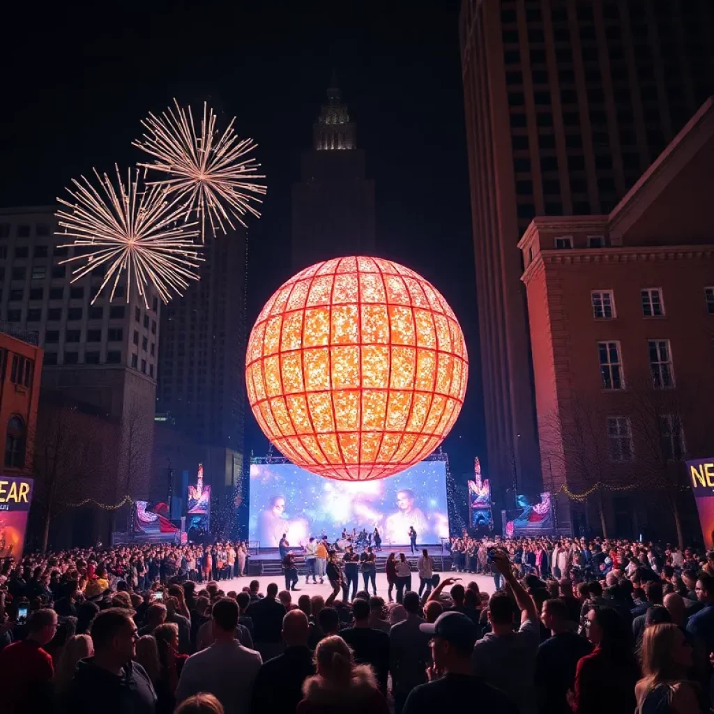 Crowd celebrating the return of the Atlanta Peach Drop at Underground Atlanta.