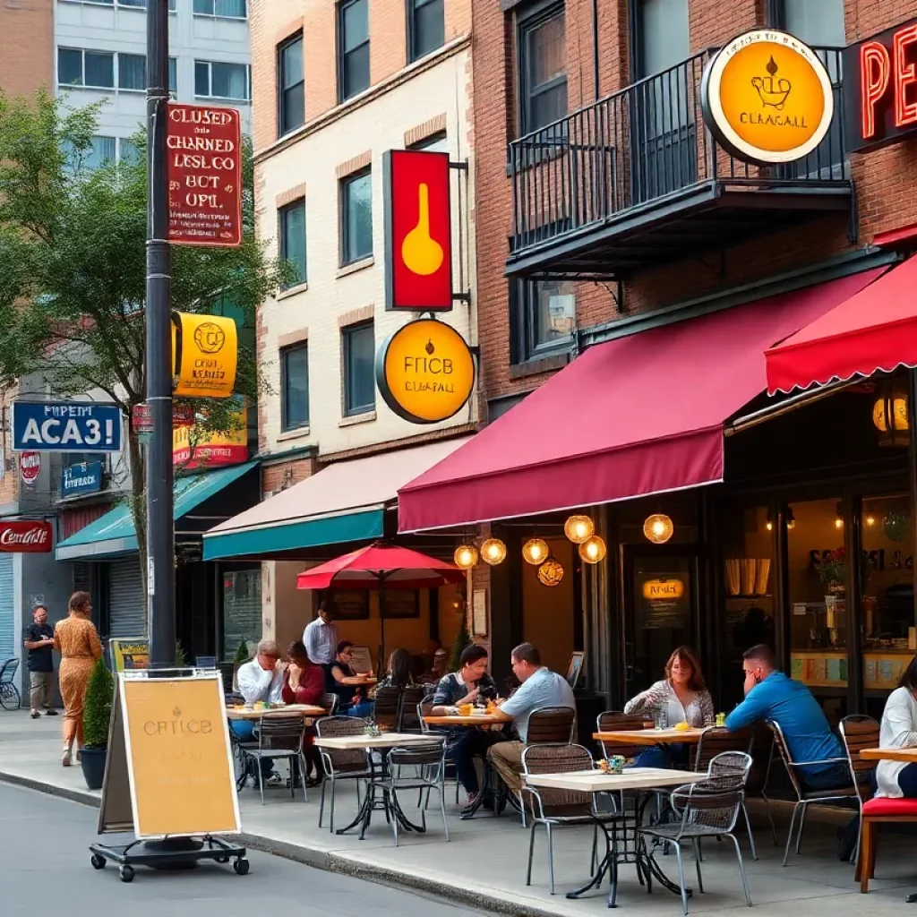 A bustling street filled with diverse restaurants in Atlanta, some open and others closed, reflecting the city's evolving culinary landscape.