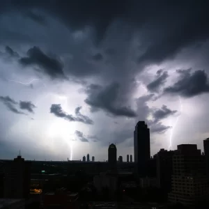 Dramatic storm clouds and lightning over Atlanta skyline