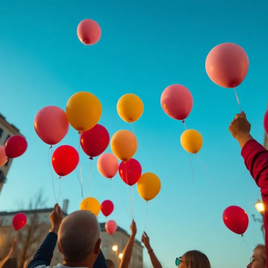 Community members releasing balloons at a vigil.