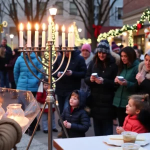 Families celebrating Chanukah at Decatur Square with a Menorah lighting