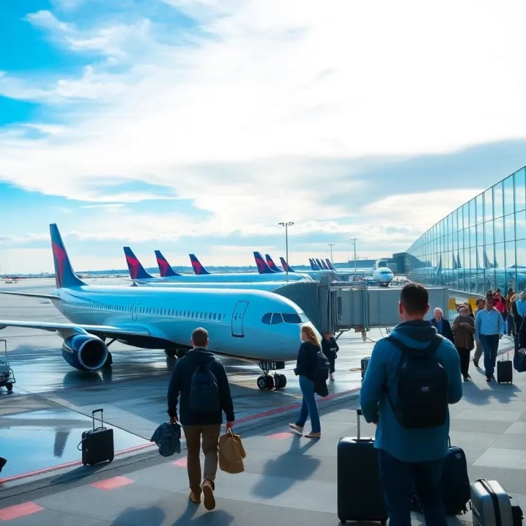 Delta Air Lines planes at a busy airport showcasing updated flight schedules.