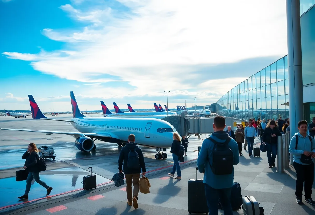 Delta Air Lines planes at a busy airport showcasing updated flight schedules.