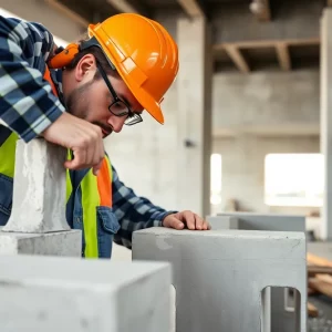 Construction worker inspecting joints in double-tee structures