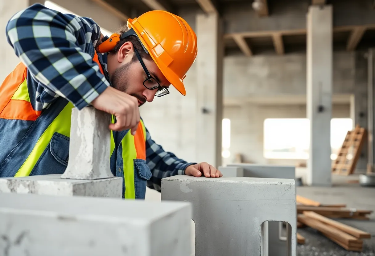 Construction worker inspecting joints in double-tee structures