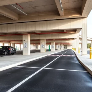 A clean and well-maintained precast parking structure with visible inspection tools.