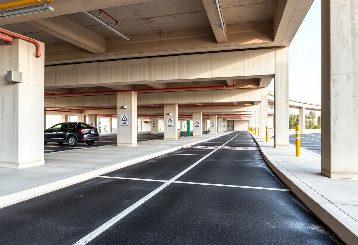 A clean and well-maintained precast parking structure with visible inspection tools.