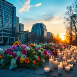 A memorial setup with candles and flowers in Atlanta