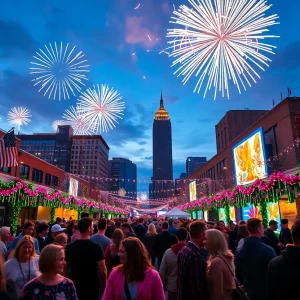 Crowds celebrating New Year's Eve in Atlanta with fireworks and festive decorations.