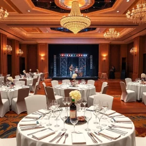 Decorated ballroom for New Year's Eve gala at Waldorf Astoria