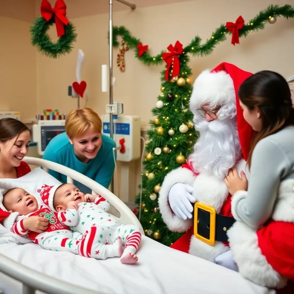 Santa Claus visiting NICU with smiling families and babies in holiday attire.