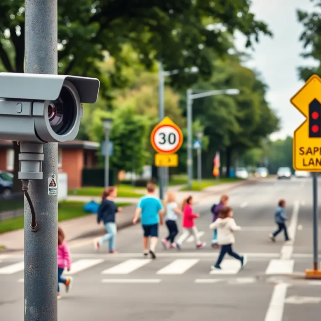 A school zone featuring a speed camera and children crossing the street.