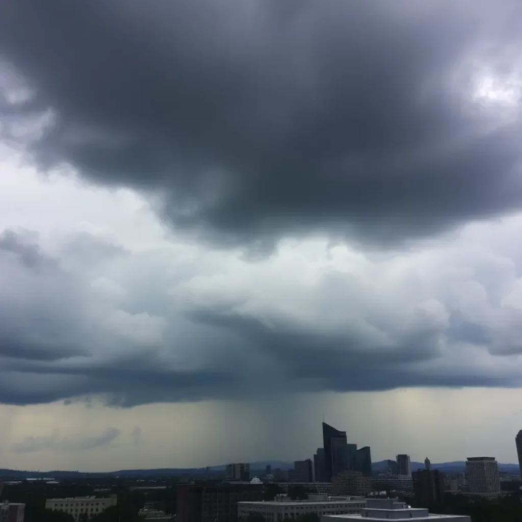 Dark clouds and heavy rain over Atlanta cityscape